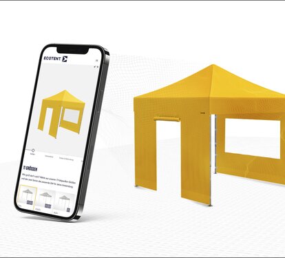 Visual einer Konfiguration mit AR-Funktion. Es wird ein gelber Faltpavillon gezeigt.