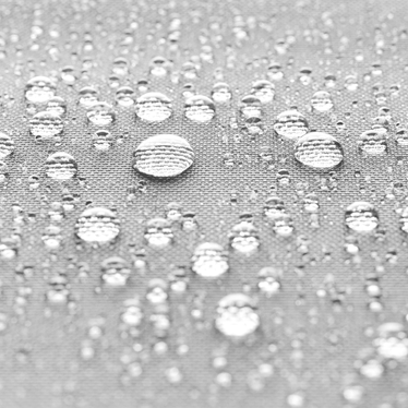 Grauer wasserdichter Ecotent® Zeltstoff mit Wassertropfen.