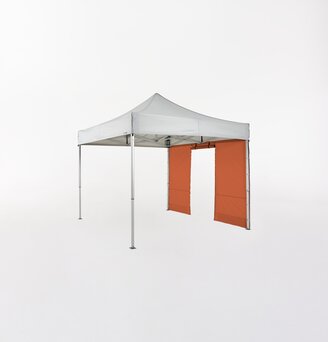 Light grey folding gazebo 3x3 m with orange side wall with door.