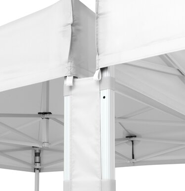 The light grey central connecting element closes the space between two light grey folding gazebos.