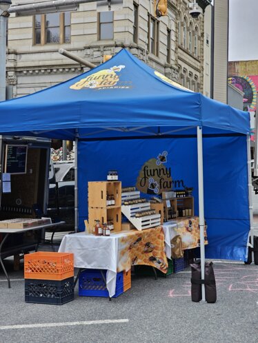 Auf einem Markt steht ein blauer, bedruckter Ecotent Faltpavillon Serie E1 der Größe 3 x 3 Meter mit Seitenwand von Funny Farm. 